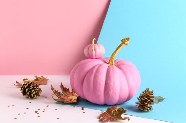 Renkli arka planda altın yapraklı pembe balkabakları ve konileri