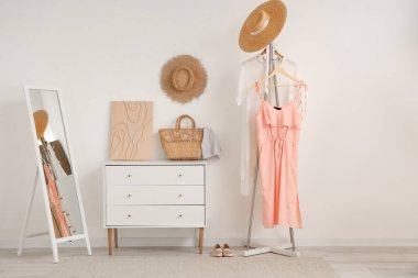 Aynalı, çekmeceli ve askılı modern salonun şık bir iç mekanı.