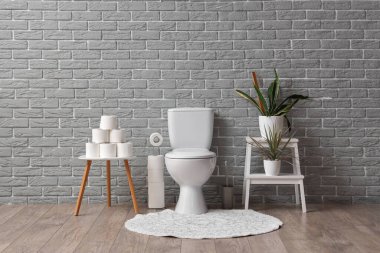 Tuvaletin içinde klozet, tuvalet kağıdı olan kahve masası ve gri tuğla duvarın yanındaki bitkiler.