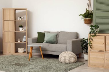 Raflar, rahat bir kanepe ve oturma odasının içindeki çekmeceler.