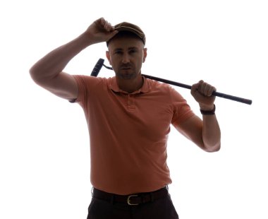 Beyaz arka planda olgun erkek golfçü silueti