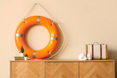 Çekmeceler, can simidi halkası, sörf tahtası ve oda bitkisi.