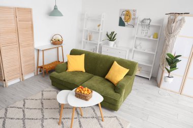 Rahat kanepesi ve kahve masasında kayısı sepeti olan şık bir oturma odası.