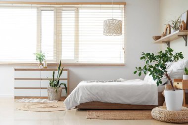 Çekmeceler, komodinli yataklar, yatak odasının içindeki saksı ve raflar.