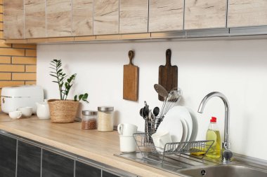 Temiz tabaklar, tahıllı kavanozlar ve ahşap mutfak tezgahında lavabonun yanında bitkiler.