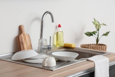 Temiz tabaklar, peçete, deterjan ve mutfak lavabosunun yanındaki ev bitkisi.