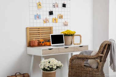 Modern dizüstü bilgisayarı, hasır koltuğu, kasımpatı çiçekleri ve balkabaklarıyla lüks çalışma alanı