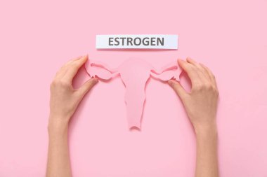 Elinde kağıt uterus ve pembe arka planda kelime ESTROGEN tutan kadın