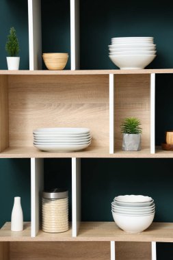 Mavi duvarın yanında plakalı ve çiçekli raf ünitesi.