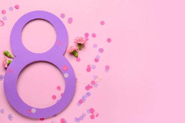 Şekil 8, güzel çiçekler ve pembe arka planda konfeti. Uluslararası Kadınlar Günü