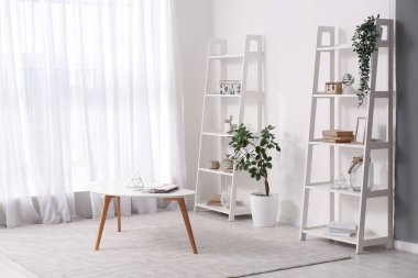 Raflar, kahve masası ve beyaz odada beyaz duvarın yanındaki bitkiler.