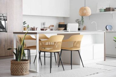 Yemek odasının içinde sandalyeler, masa ve ev bitkileri var.