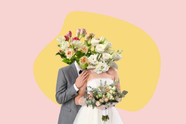 Renkli başlıklar yerine güzel çiçekleri olan genç bir çift.