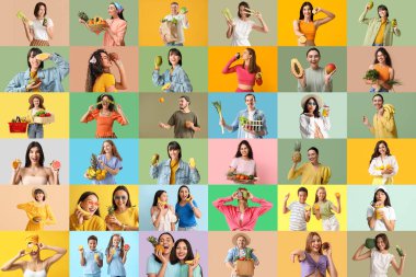 Taze meyve ve sebzeli vejetaryen insanların kolajı