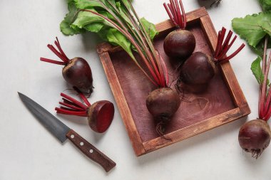 Hafif arka planda yeşil yapraklı taze pancar pancarları.