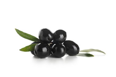 Tasty black olives and leaves on white background