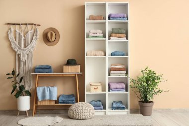 Katlanmış giysileri ve ev bitkileriyle modern soyunma odasının şık bir iç mekanı.