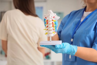 Kanepede genç bir kadın, klinikte omurga modeliyle olgun kadın osteopatlarını ziyaret ediyor. Yakın plan.