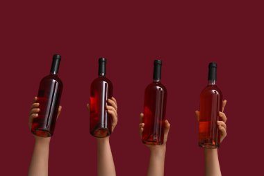 Koyu kırmızı arka planda şarap şişelerini tutan kadın eller.