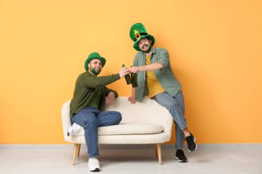Yeşil sakallı ve yeşil sakallı mutlu genç adamlar ellerinde bira şişeleri ve sarı duvarın yanındaki kanepede oturuyorlar. Aziz Patrick Günü kutlaması