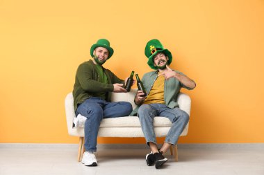 Yeşil sakallı, leprikon şapkalı genç adamlar ellerinde bira şişeleri ve sarı duvarın yanındaki kanepede oturuyorlar. Aziz Patrick Günü kutlaması