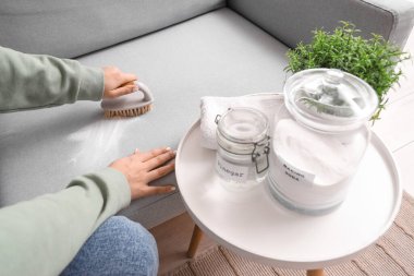 Kadın kanepeyi fırça ve kabartma tozuyla temizliyor.