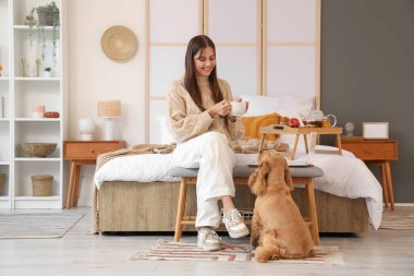 Güzel, genç, mutlu bir kadın ve bir fincan yeşil çayla evde oturan sevimli Cocker Spaniel köpeği.