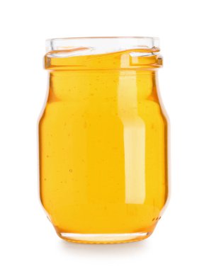 Cam Kavanoz tatlı bal beyaz arka plan üzerinde izole