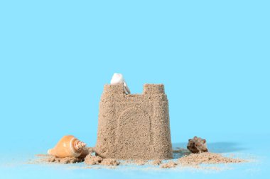 Güzel kumdan kale ve mavi arka planda deniz kabukları.