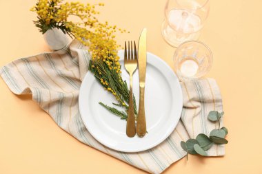 Mimoza çiçekleri ve turuncu arka planda okaliptüs olan güzel bir masa.