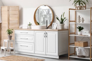 Lavabosu, raf ünitesi ve yeşil bitkileri olan hafif banyonun içi.