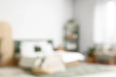 Raf ünitesi ve Sansevieria bitkileriyle bulanık yatak odası manzarası