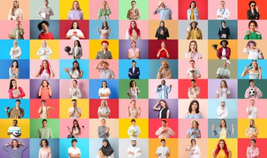 Renkli arka planda farklı insanlardan oluşan büyük bir kolaj