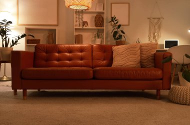 Konforlu kanepe, ev çiçekleri ve oturma odasının içinde parlayan lambalar.