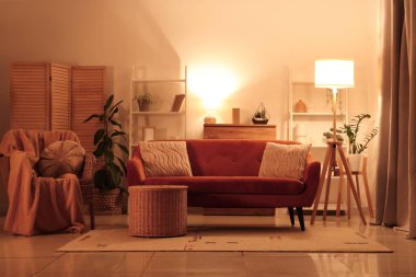 Koltuk, sepet ve oturma odasının içindeki rahat kanepe.