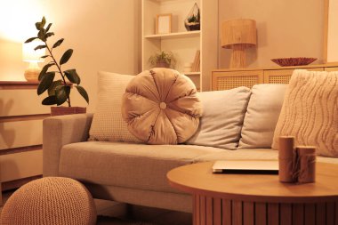 Rahat bir kanepe, oturma odasının içinde dizüstü bilgisayarı olan bir sehpa.