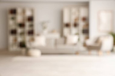 Kanepesi, koltuğu ve kitaplığı olan modern bir oturma odası. Bulanık görünüm