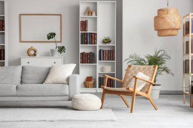 Kitaplık, rahat kanepe ve şık oturma odasının içindeki hasır koltuk.