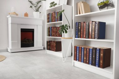 Kitaplıkları ve şöminesi olan modern oturma odasının içinde.