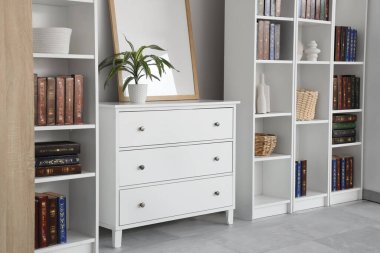 Oturma odasının içinde kitap ve çekmeceli raflar.