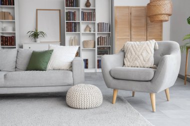 Modern oturma odasının içinde kitaplık, rahat kanepe ve koltuk var.