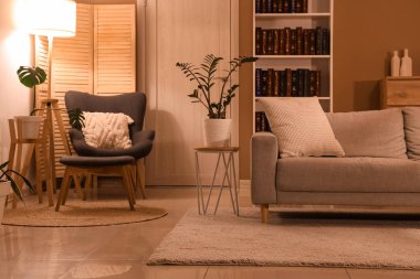 Rahat kanepesi, kitaplığı ve koltuğu olan bir oturma odası.