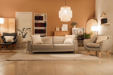 Rahat kanepesi, kitaplığı ve koltuğu olan oturma odasının içinde.