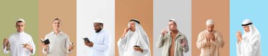 Set of many Muslim men on color background. Ramadan celebration clipart