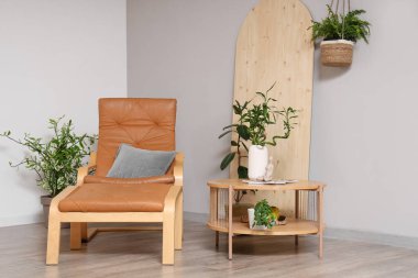 Oturma odasındaki ışıklı duvarın yanında, ayaklı, masa ve farklı bitkilerle dolu yumuşak bir sandalye.