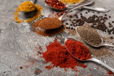 Grunge arka planında taze aromatik baharat kaşıklarıyla kompozisyon