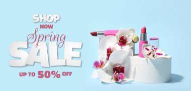 İlkbahar Satışı, ruj ve orkide çiçekleri içeren pankart