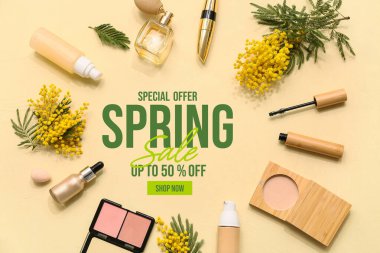 Metin Satışı, dekoratif kozmetik ürünleri ve mimoza çiçekleri içeren pankart