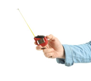 Beyaz arkaplanda mezurası olan işçiler