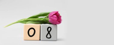 Takvim ve ışık arkaplan üzerinde güzel lale ve metin için boşluk. Uluslararası Kadınlar Günü